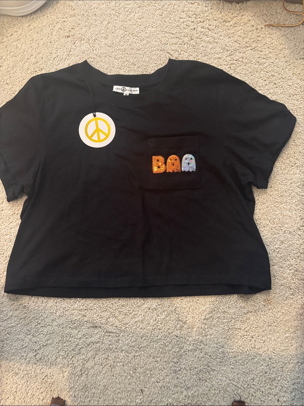 NWT Love & Lazy Days Halloween Black Sequin 'BOO Pocket Tee